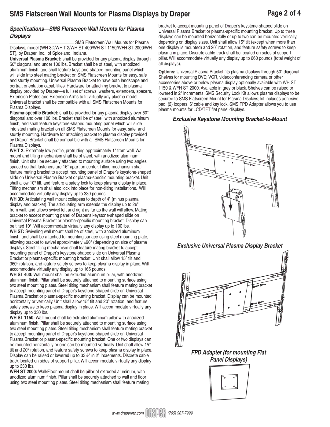 Draper WH ST 400, WFH ST 2000, WH ST1150, WH 3D, WHT2 manual SMS Flatscreen Wall Mounts for Plasma Displays by Draper 