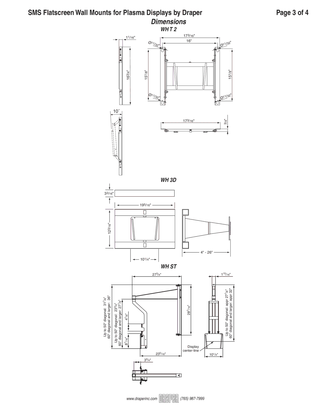 Draper WH ST1150, WH ST 400, WFH ST 2000, WH 3D, WHT2 manual Dimensions, Wh T 