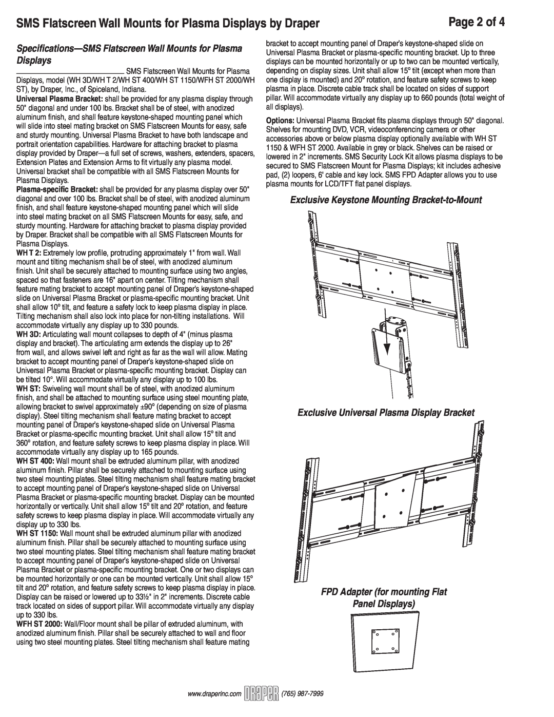 Draper WH ST, WH 3D Page 2 of, Exclusive Keystone Mounting Bracket-to-Mount, Exclusive Universal Plasma Display Bracket 
