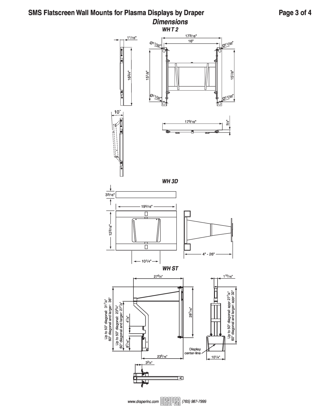 Draper WH ST1150, WH ST 400, WFH ST 2000, WHT2 manual Page 3 of, Wh T, WH 3D, Wh St, Dimensions 