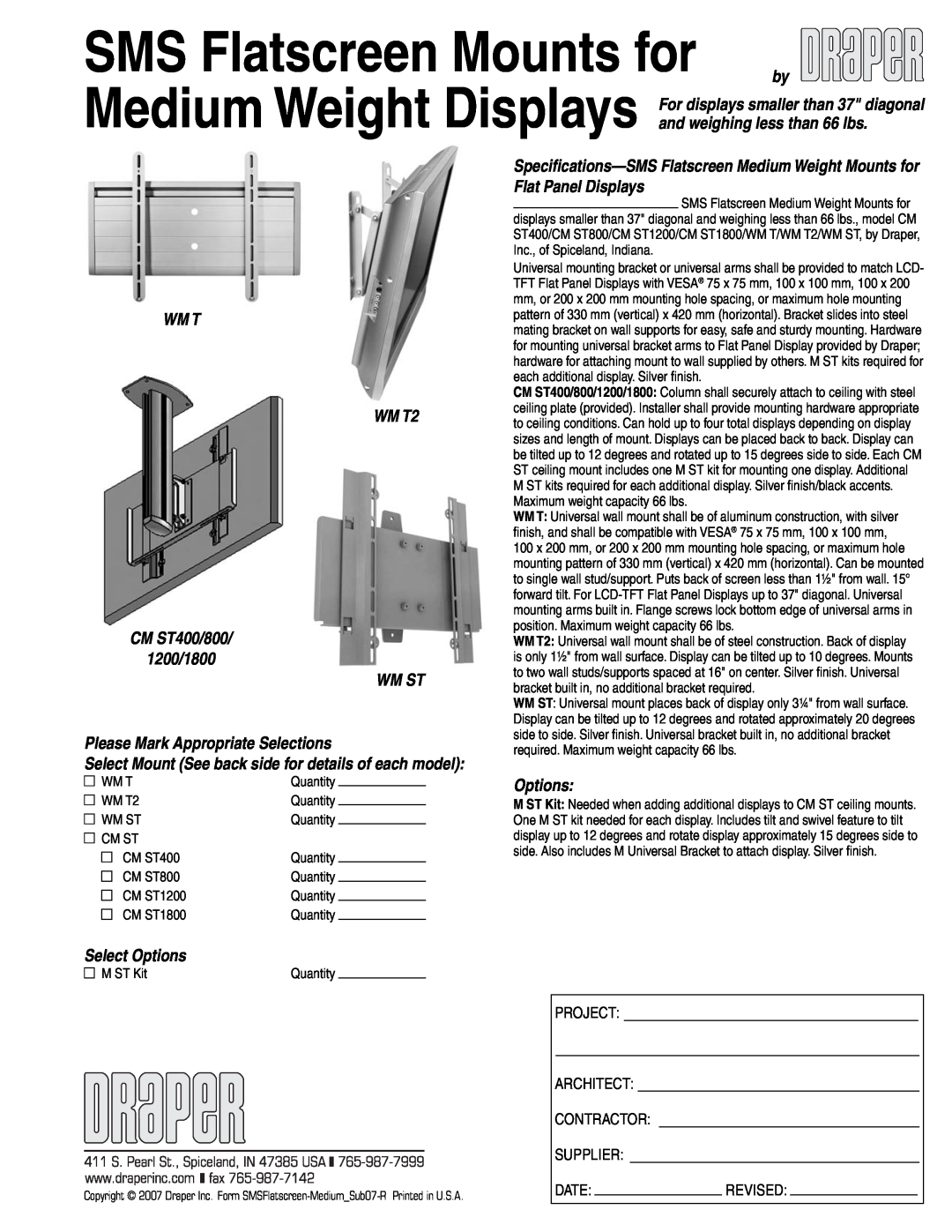Draper WMT specifications Flat Panel Displays, WM T WM T2 CM ST400/800 1200/1800 WM ST, Please Mark Appropriate Selections 