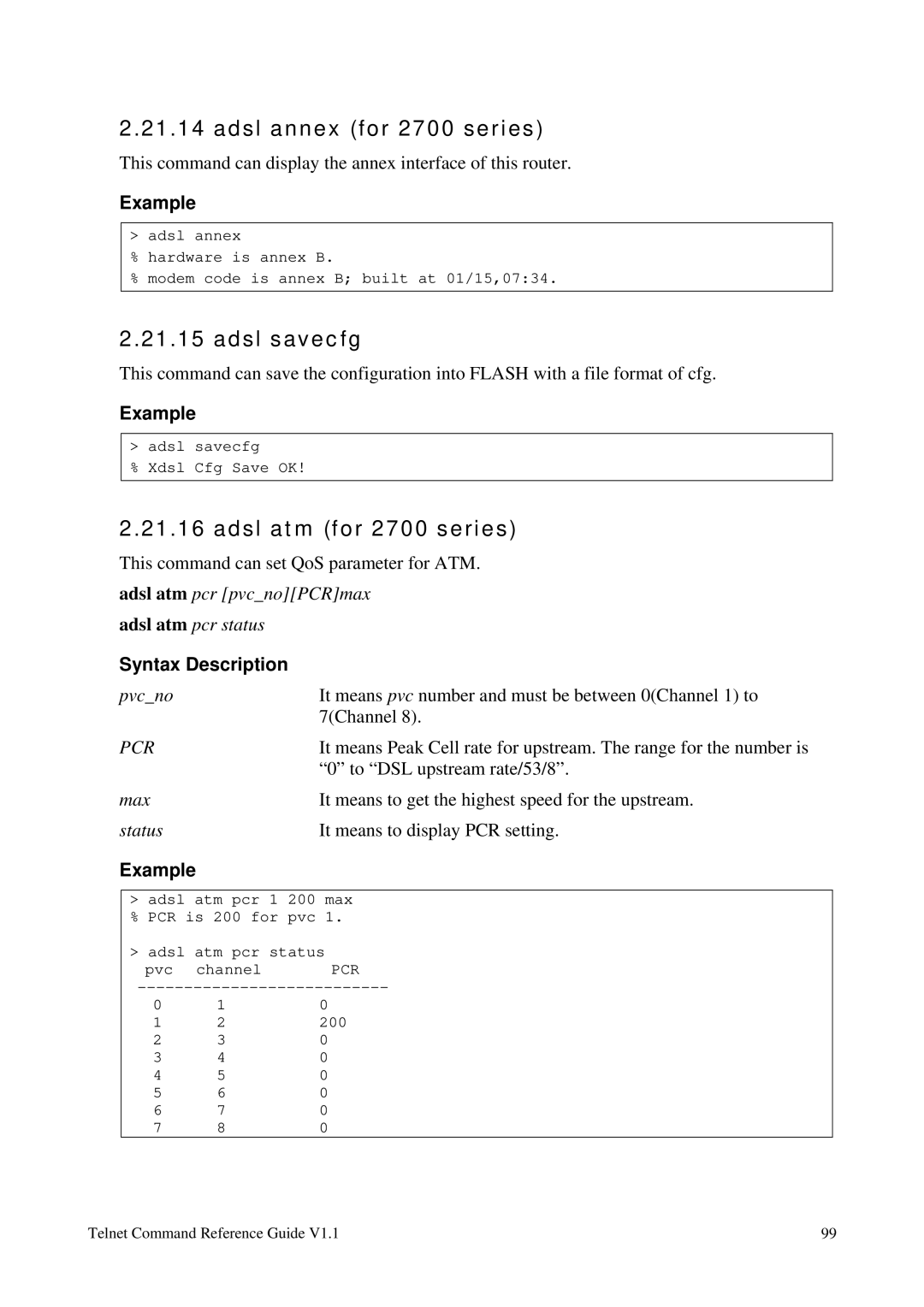 Draytek 1.11 manual Adsl annex for 2700 series, Adsl savecfg, Adsl atm for 2700 series, Pcr 