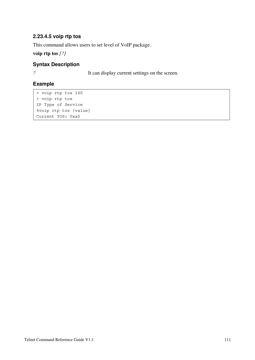 Draytek 1.11 manual Voip rtp tos, Syntax Description 