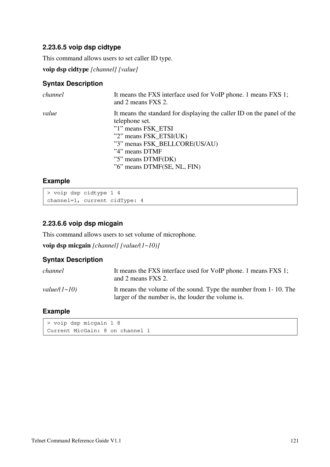 Draytek 1.11 manual Voip dsp cidtype, Voip dsp micgain 