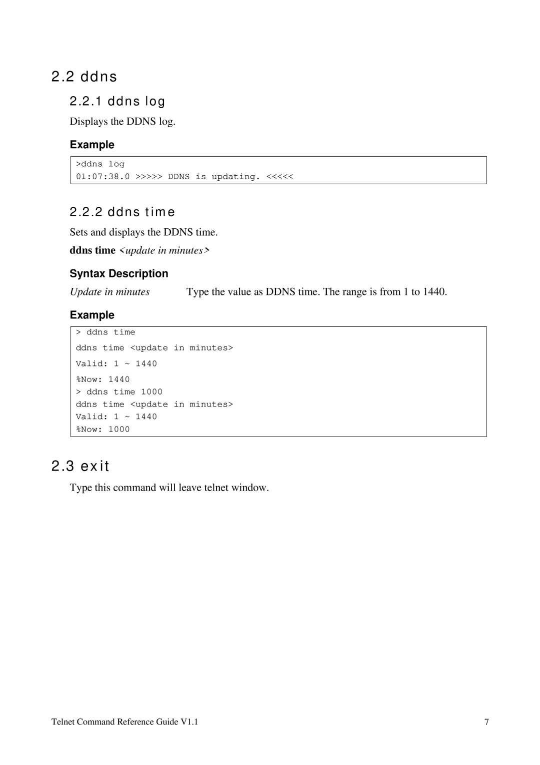 Draytek 1.11 manual Exit, Ddns log, Ddns time, Syntax Description 