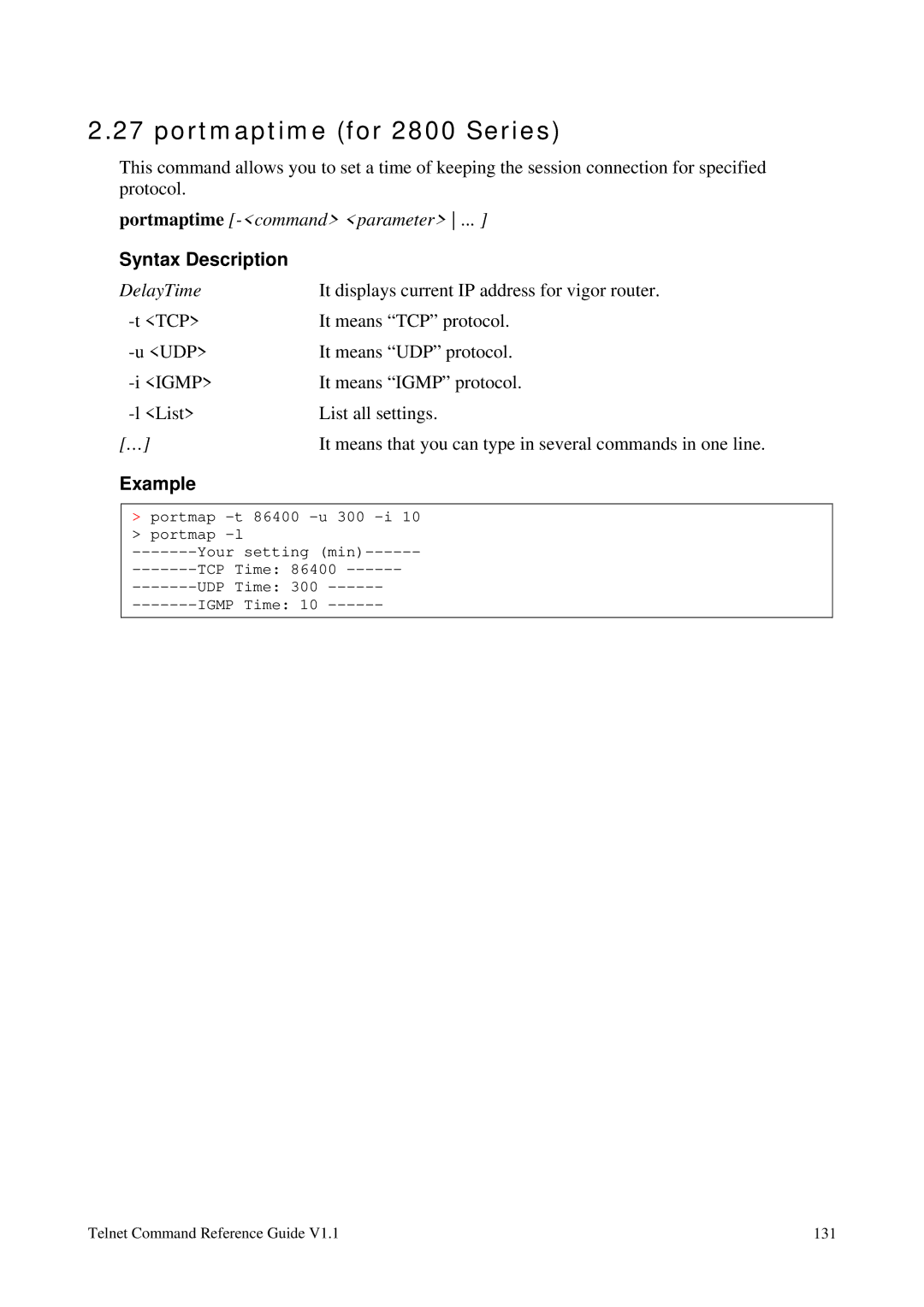 Draytek 1.11 manual Portmaptime for 2800 Series 