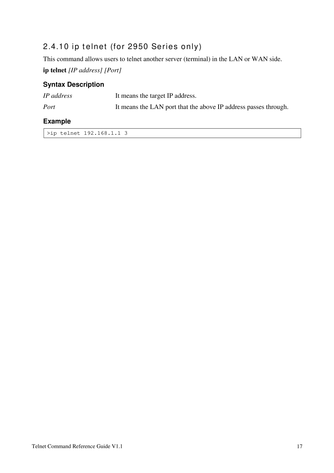 Draytek 1.11 manual Ip telnet for 2950 Series only, Example 