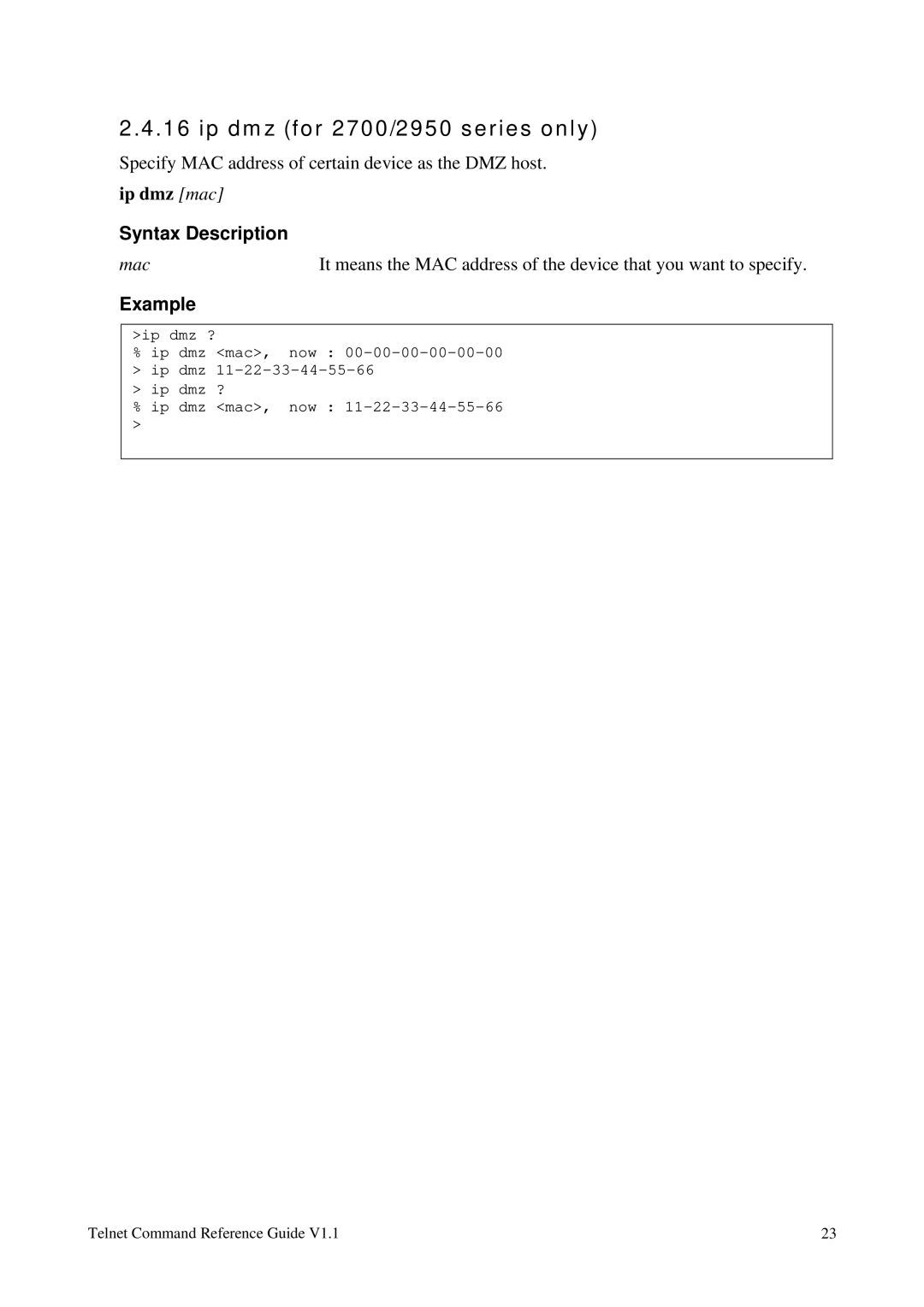 Draytek 1.11 manual Ip dmz for 2700/2950 series only, Syntax Description 