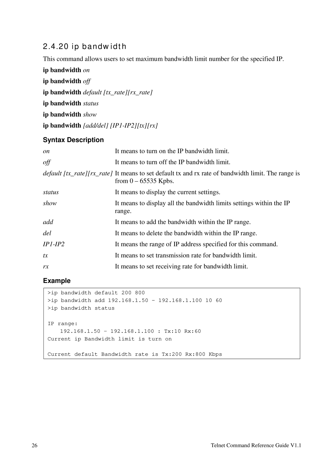 Draytek 1.11 manual Ip bandwidth, Off It means to turn off the IP bandwidth limit 