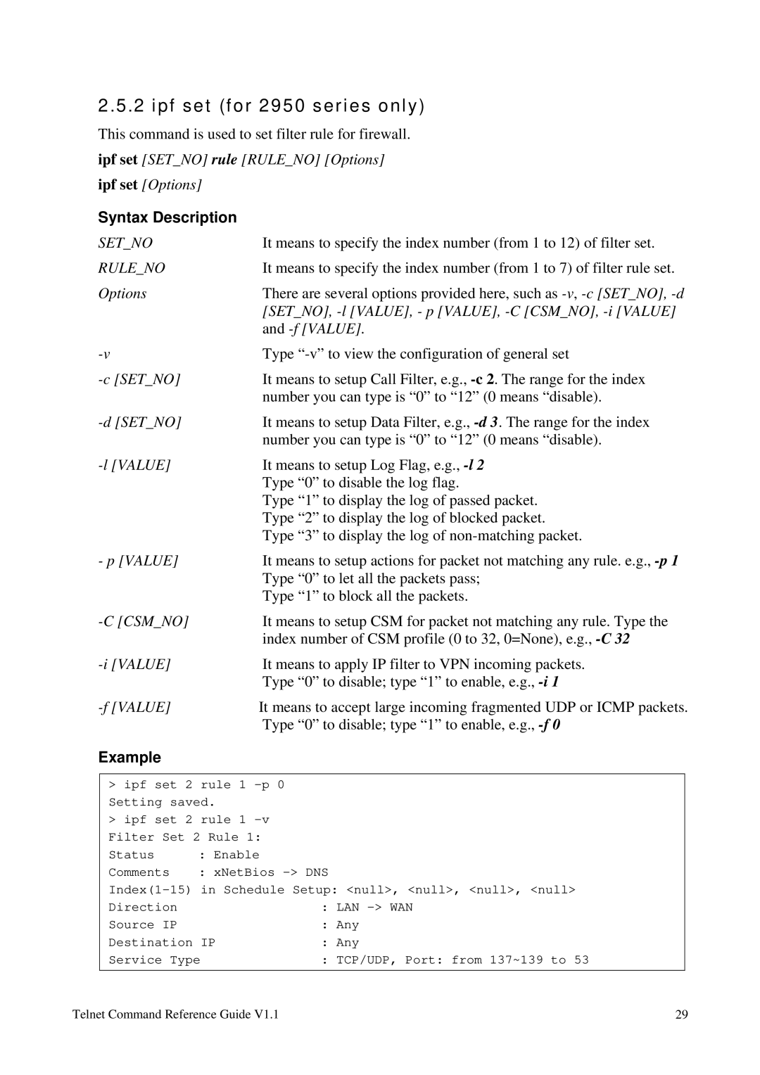 Draytek 1.11 manual Ipf set for 2950 series only, Setno, Ruleno, Csmno 