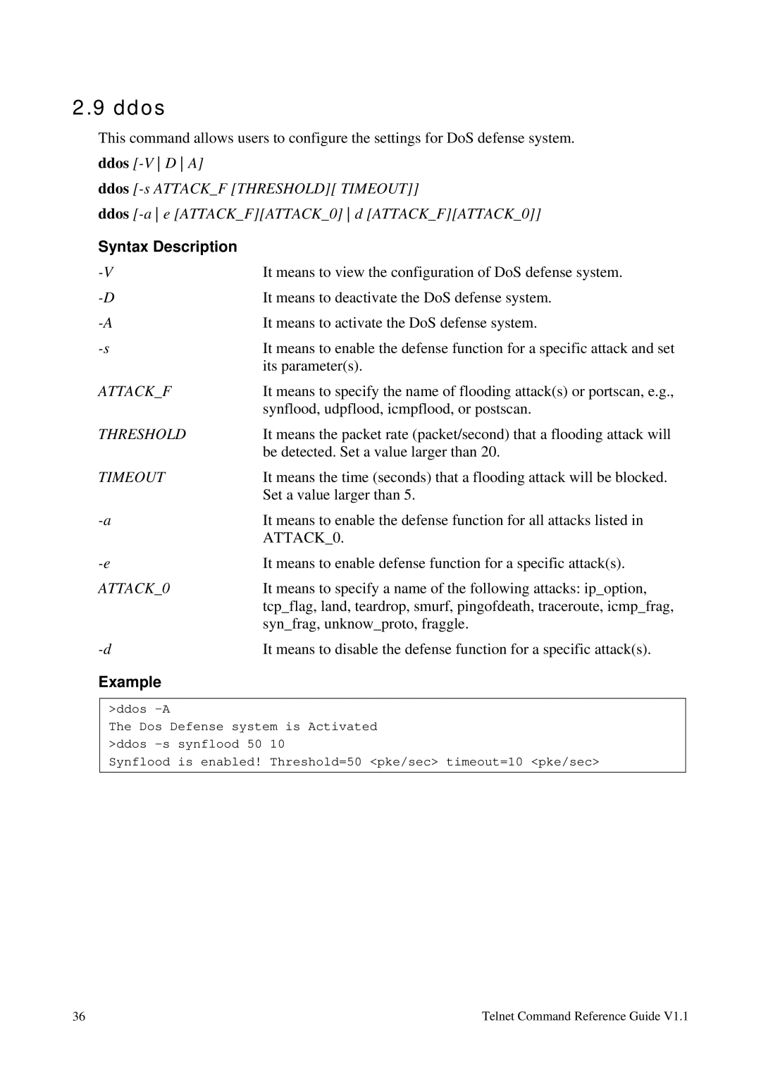 Draytek 1.11 manual Ddos, Attackf, Threshold, Timeout, ATTACK0 