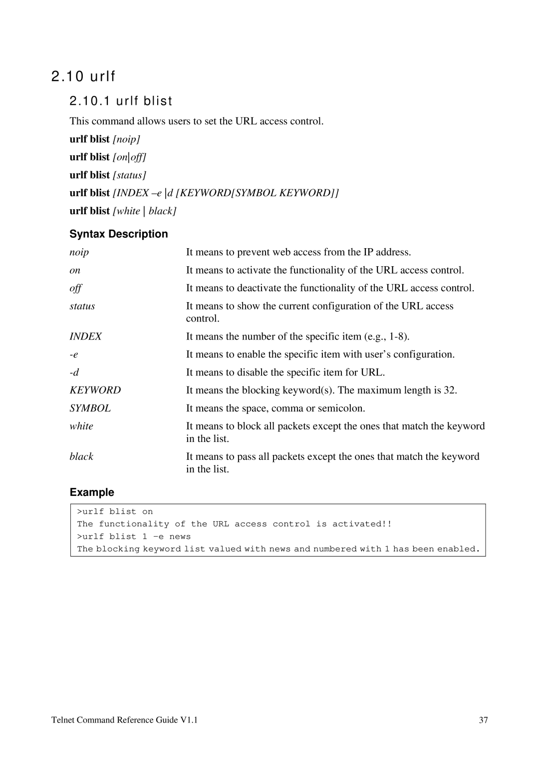 Draytek 1.11 manual Urlf blist, Keyword, Symbol 