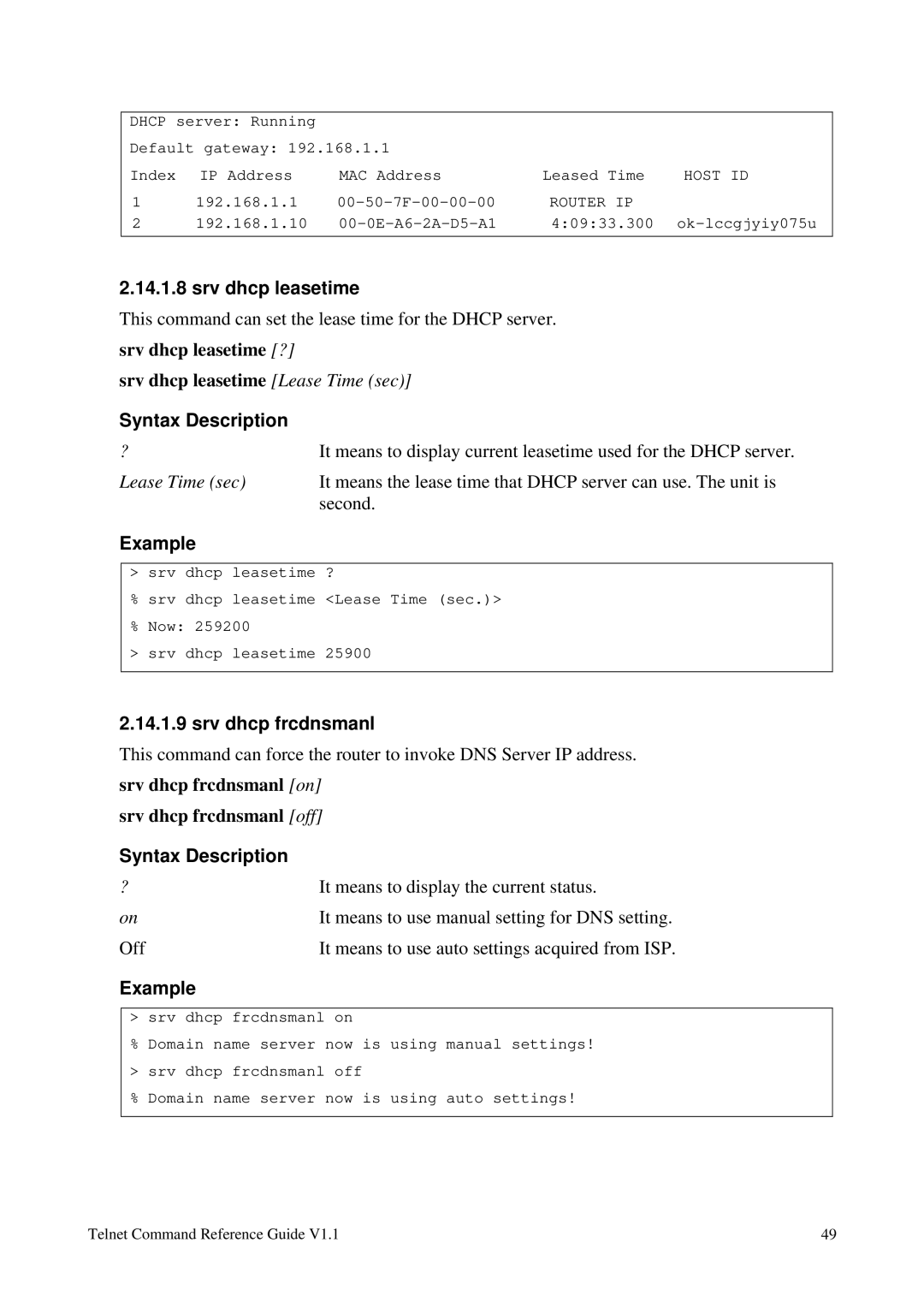 Draytek 1.11 manual Srv dhcp leasetime, Srv dhcp frcdnsmanl 