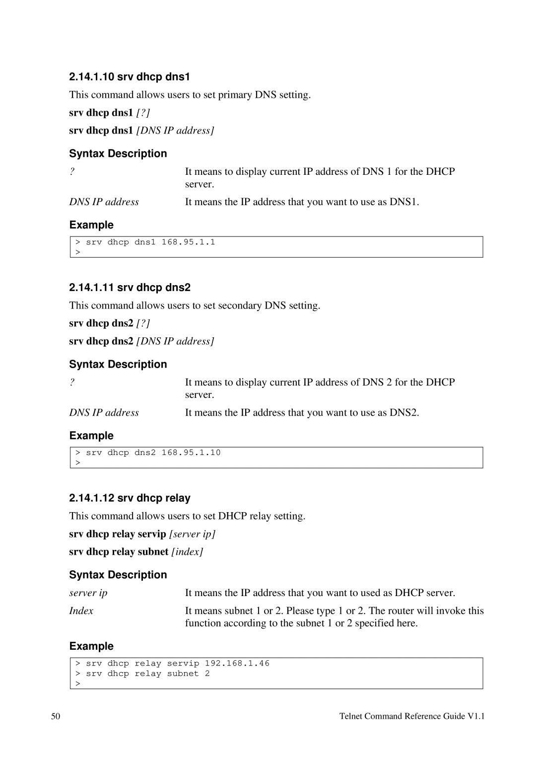 Draytek 1.11 manual Srv dhcp dns1, Srv dhcp dns2, Srv dhcp relay 