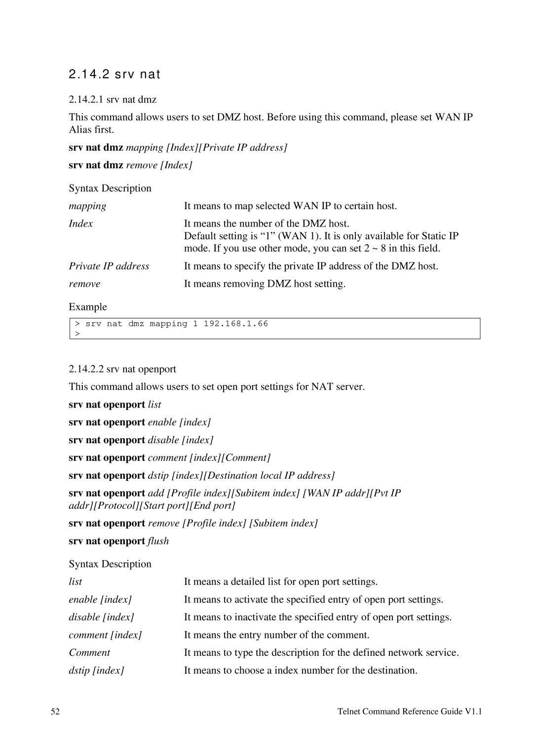 Draytek 1.11 manual Srv nat dmz, Srv nat openport 