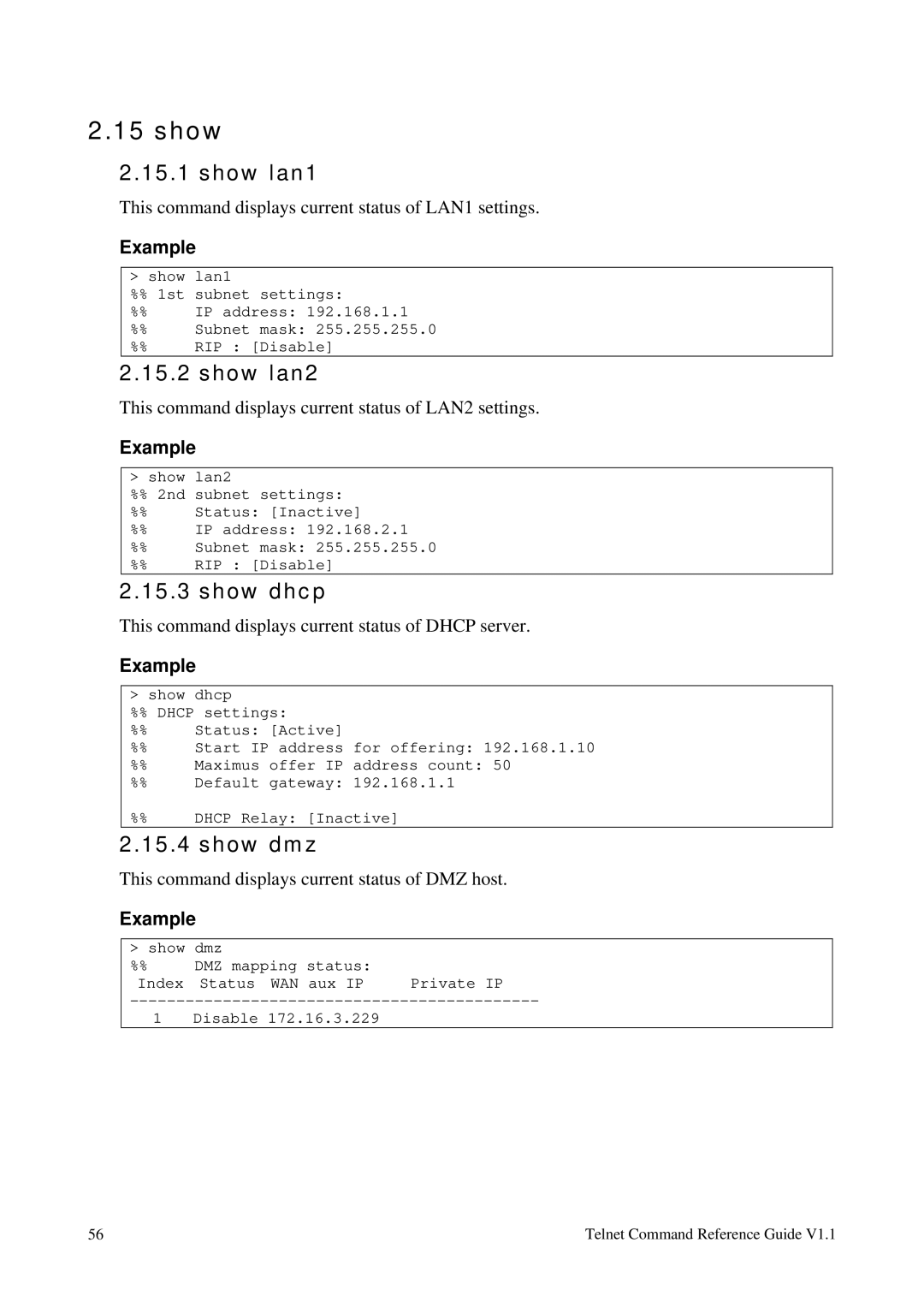 Draytek 1.11 manual Show lan1, Show lan2, Show dhcp, Show dmz 