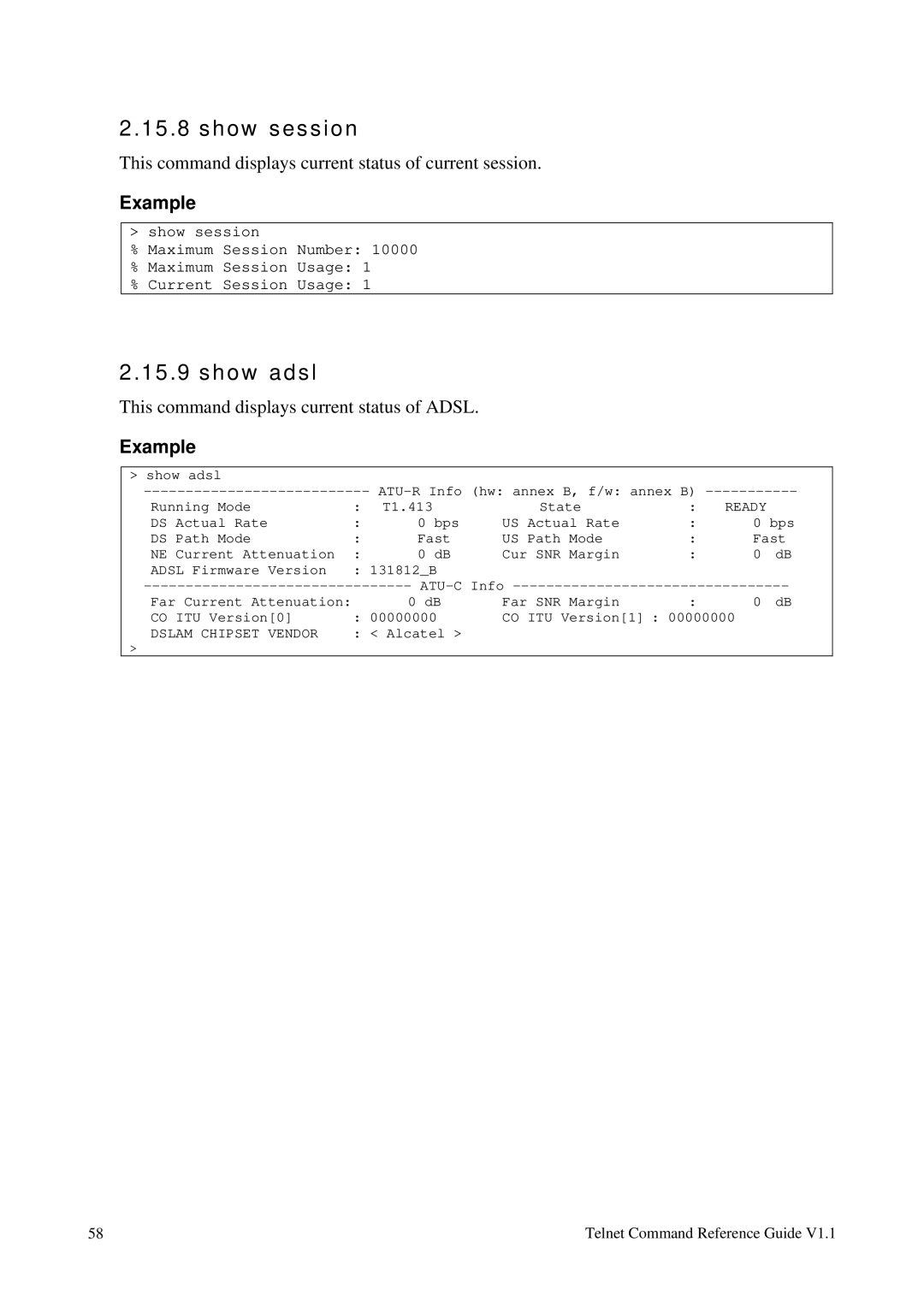 Draytek 1.11 manual Show session, Show adsl 