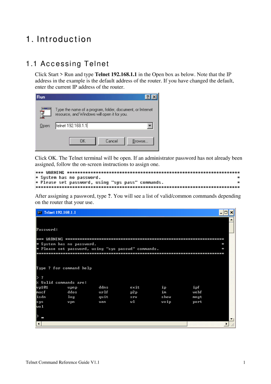 Draytek 1.11 manual Introduction, Accessing Telnet 