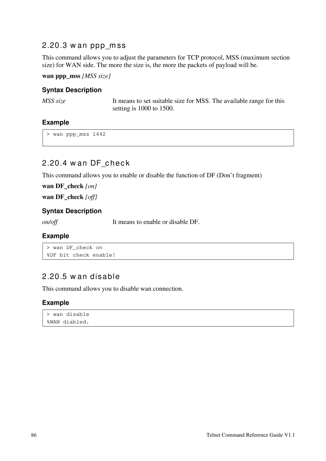 Draytek 1.11 manual Wan pppmss, Wan DFcheck, Wan disable 