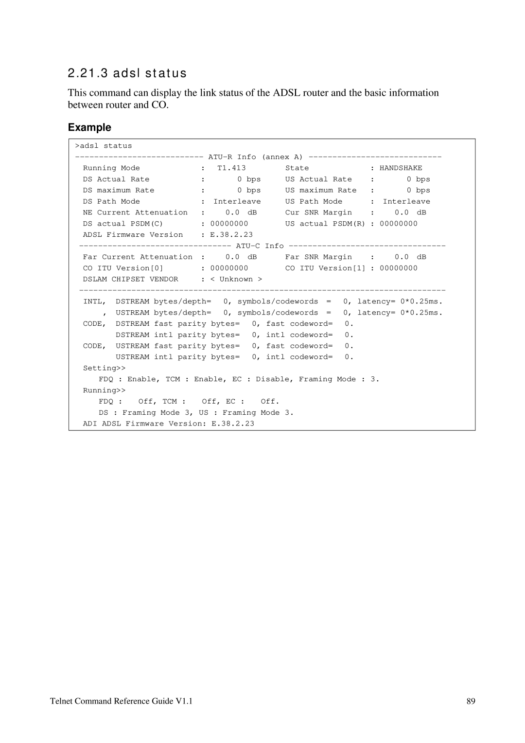 Draytek 1.11 manual Adsl status, Handshake 