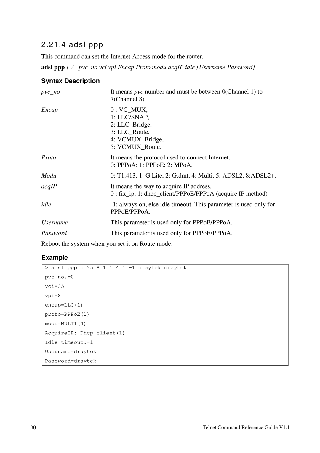 Draytek 1.11 manual Adsl ppp, Llc/Snap 