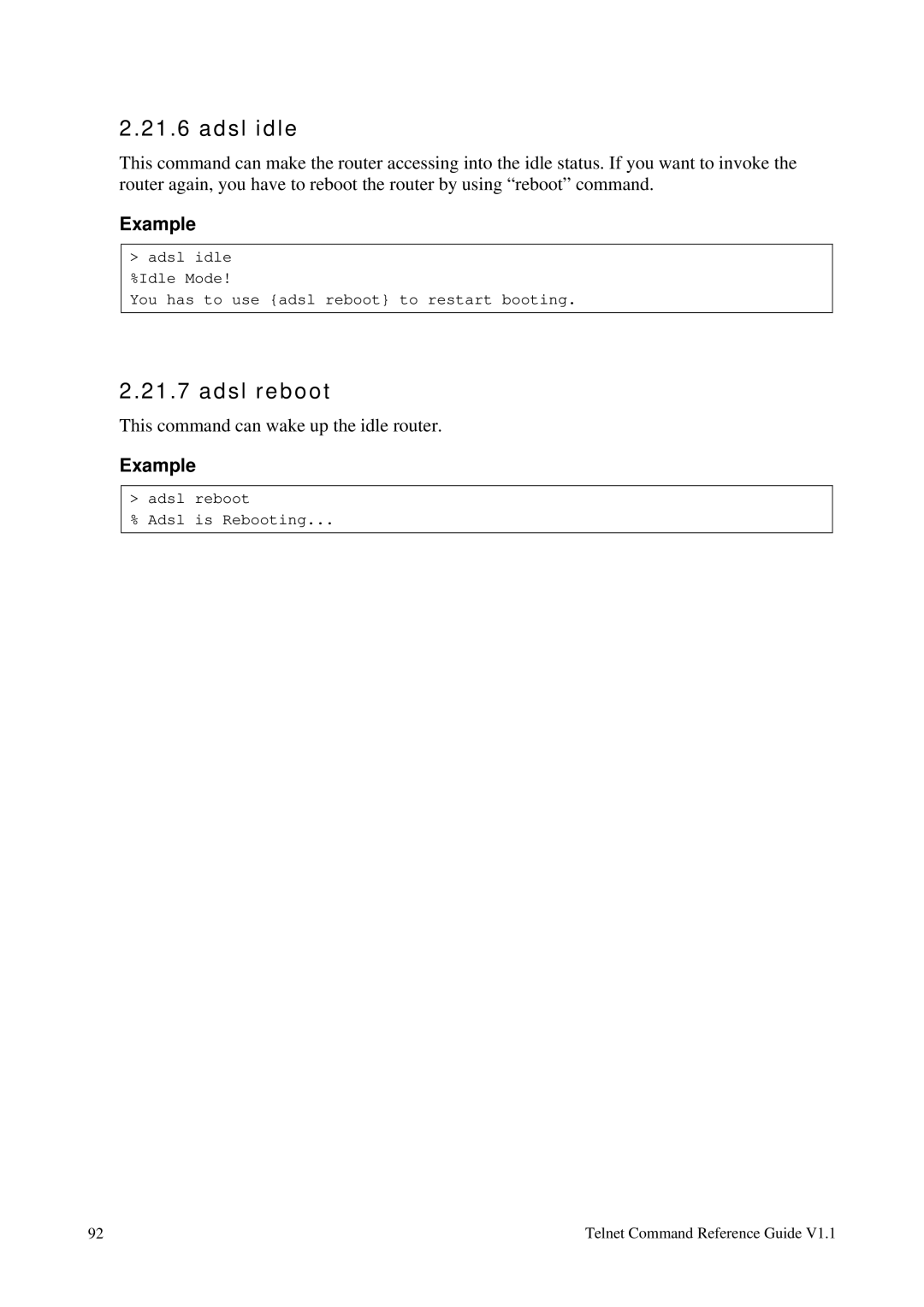 Draytek 1.11 manual Adsl idle, Adsl reboot 