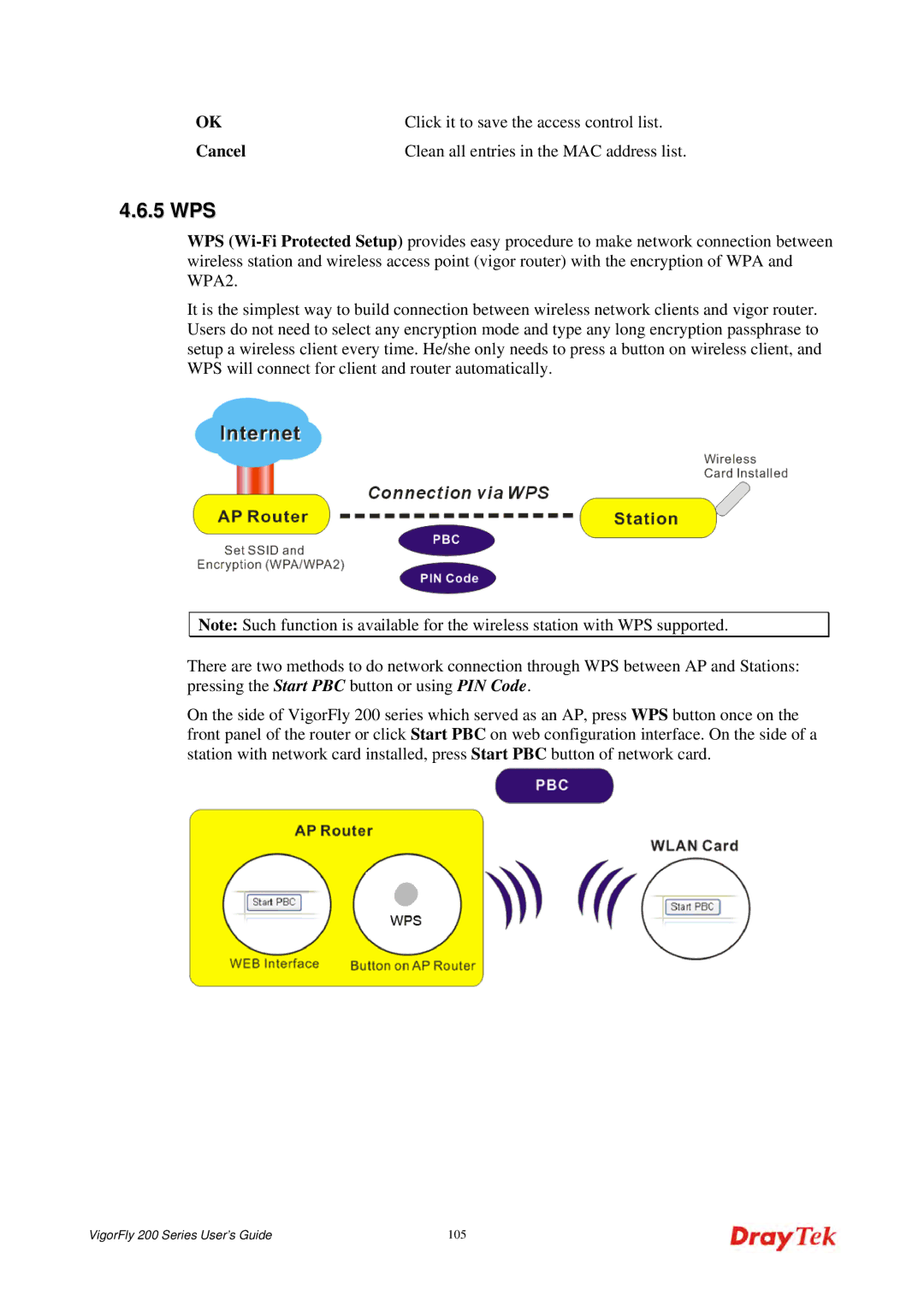 Draytek 200 manual 5 WPS, Click it to save the access control list, Cancel Clean all entries in the MAC address list 