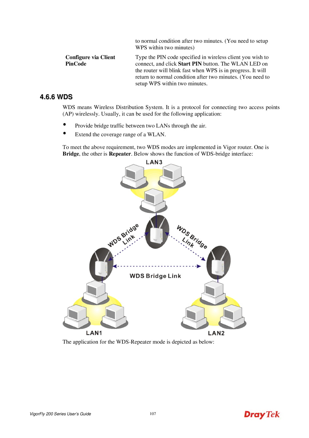 Draytek 200 manual 6 WDS, Configure via Client, PinCode 