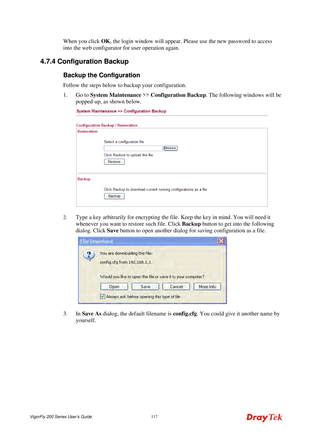 Draytek 200 manual Configuration Backup, Backup the Configuration 