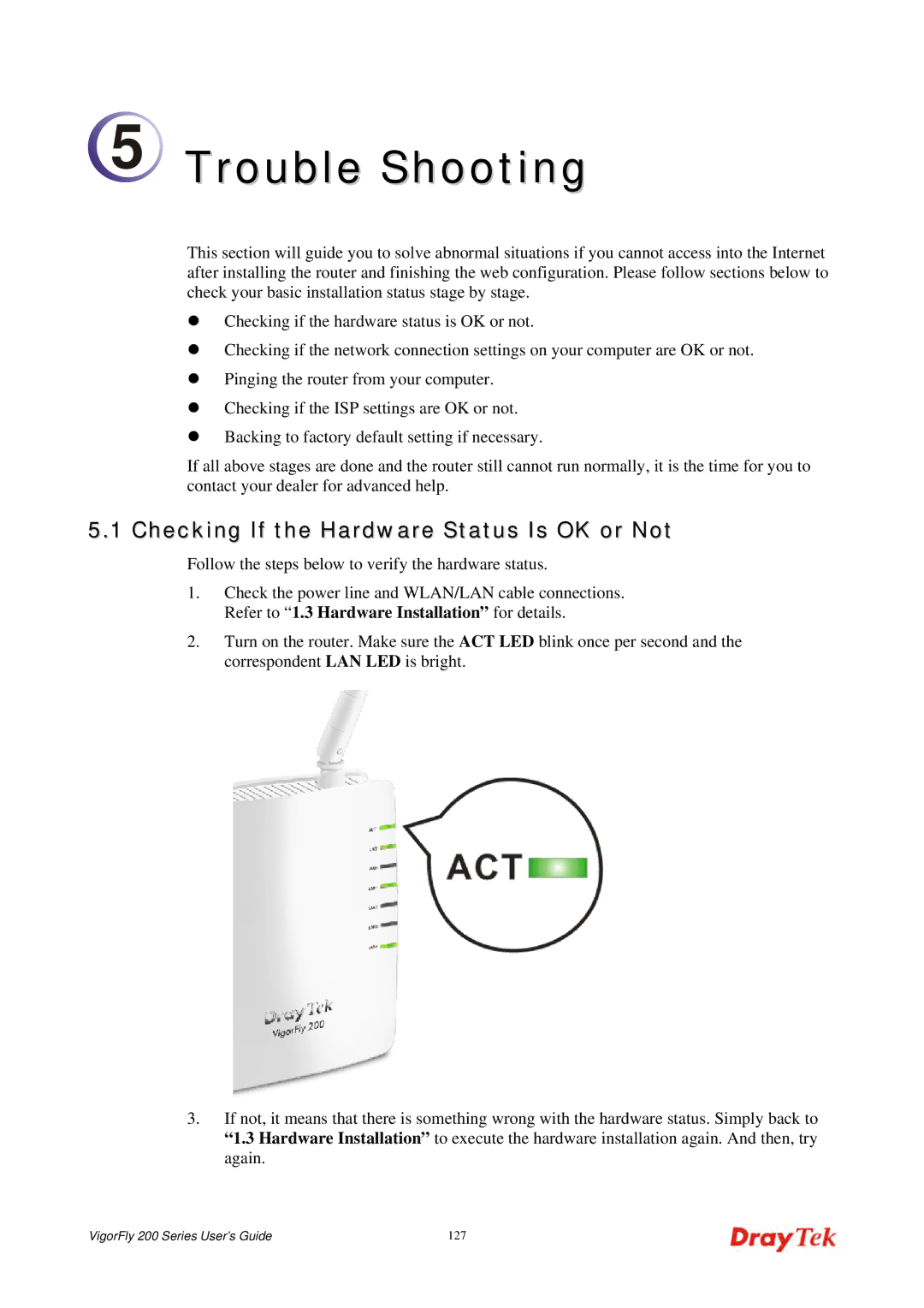 Draytek 200 manual Trouble Shooting, Checking If the Hardware Status Is OK or Not 