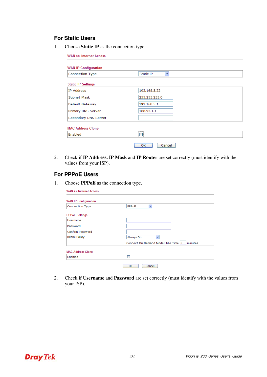 Draytek 200 manual For Static Users, For PPPoE Users 