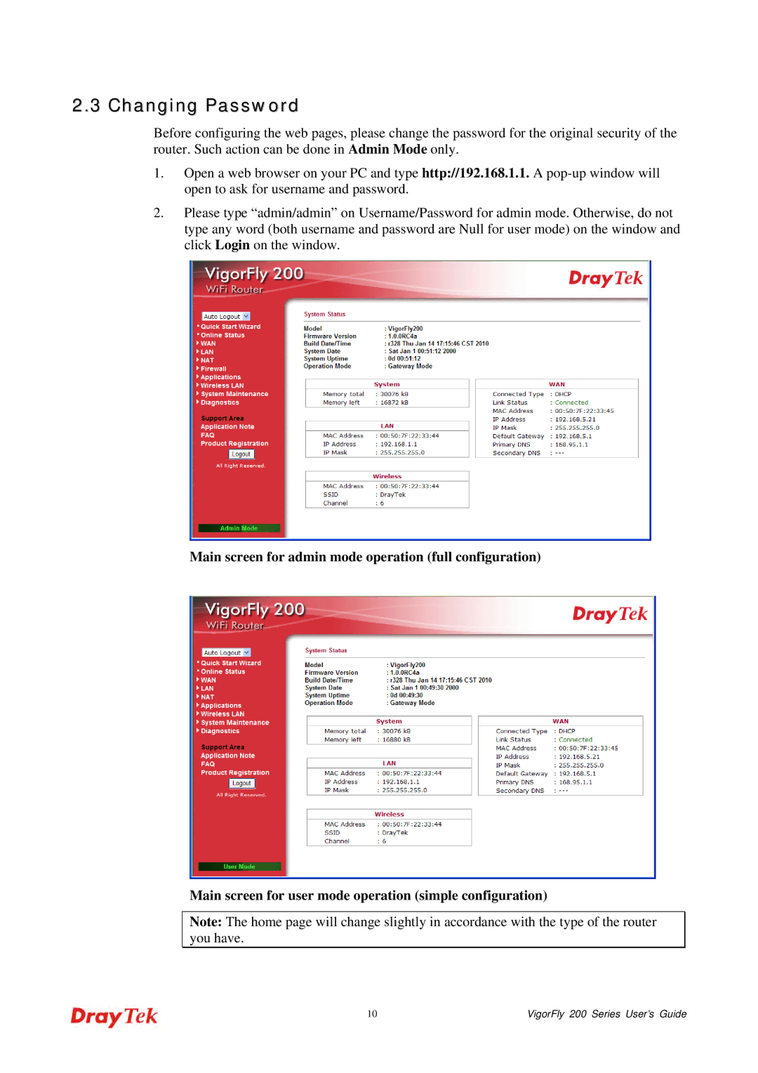 Draytek 200 manual Changing Password 