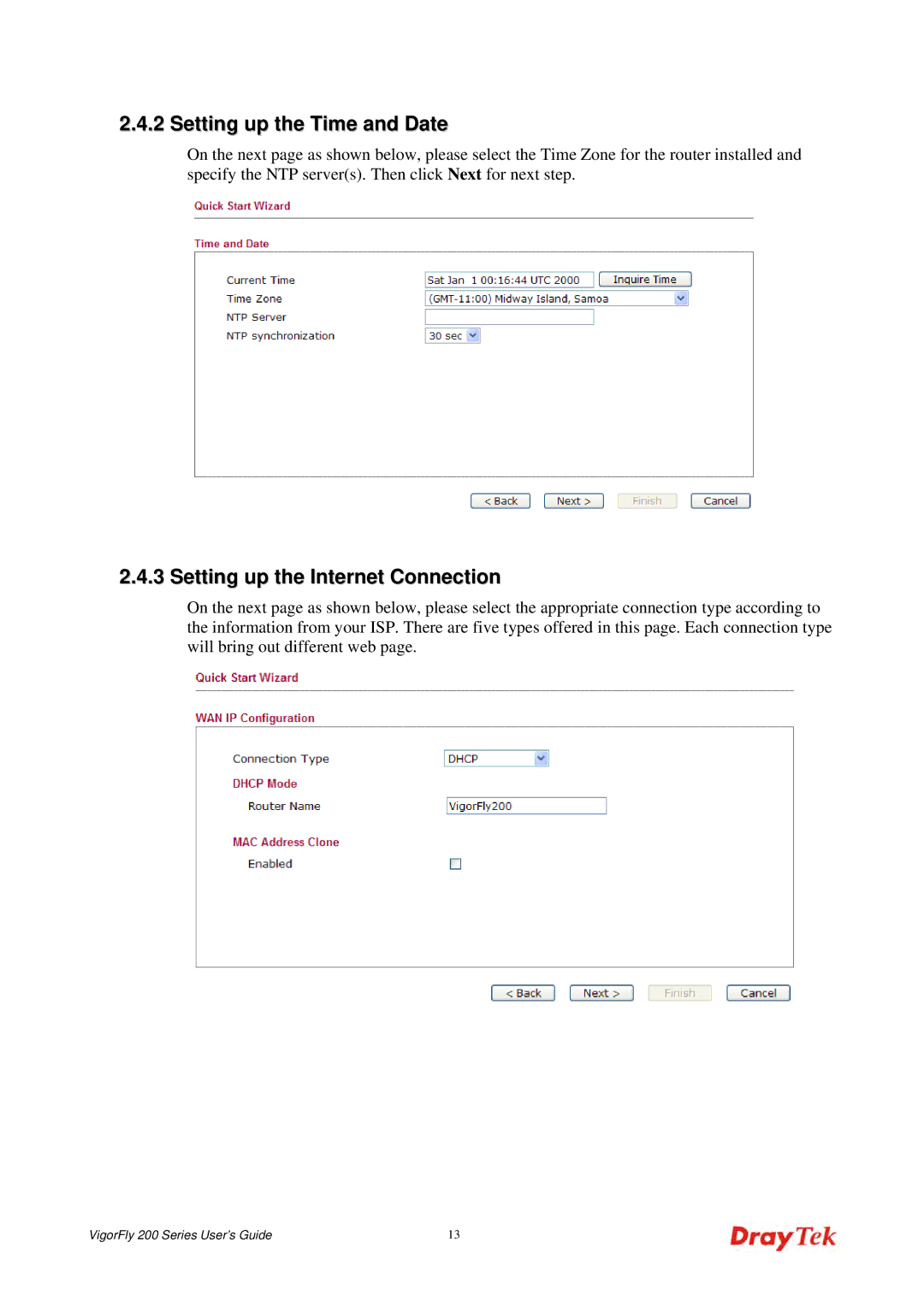 Draytek 200 manual Setting up the Time and Date, Setting up the Internet Connection 