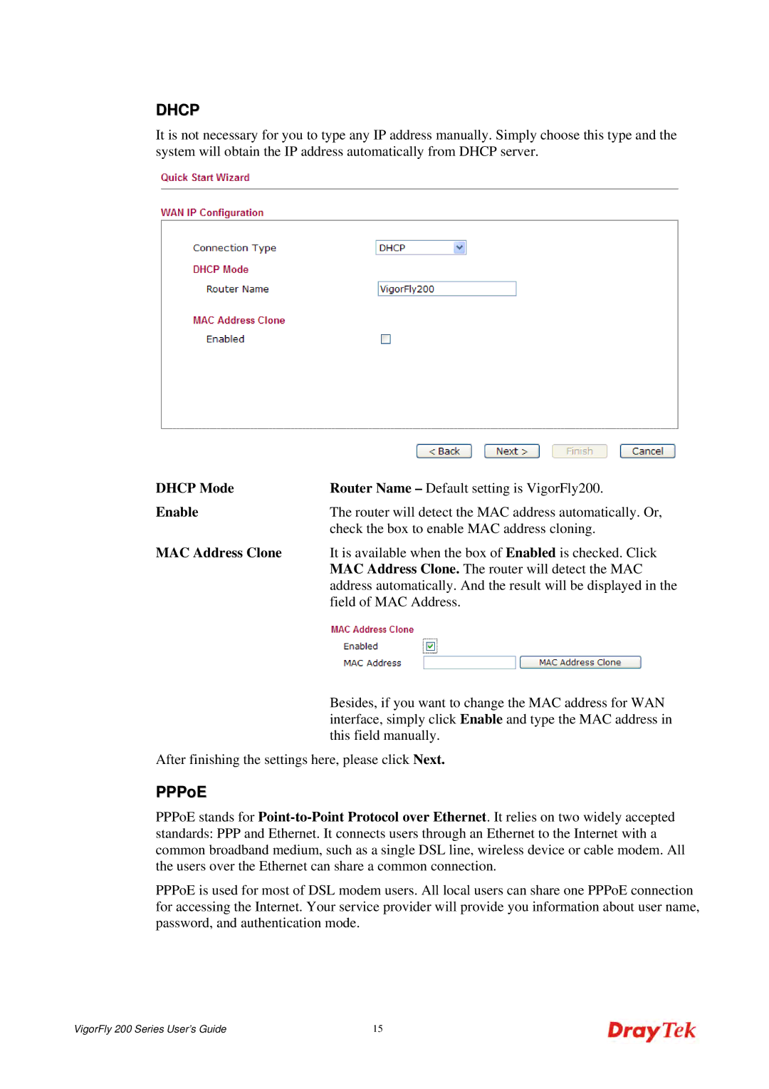 Draytek 200 manual PPPoE, Dhcp Mode 