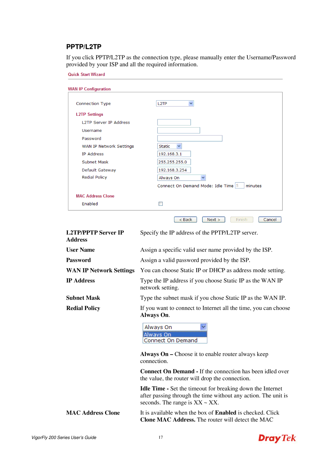 Draytek 200 manual PPTP/L2TP 