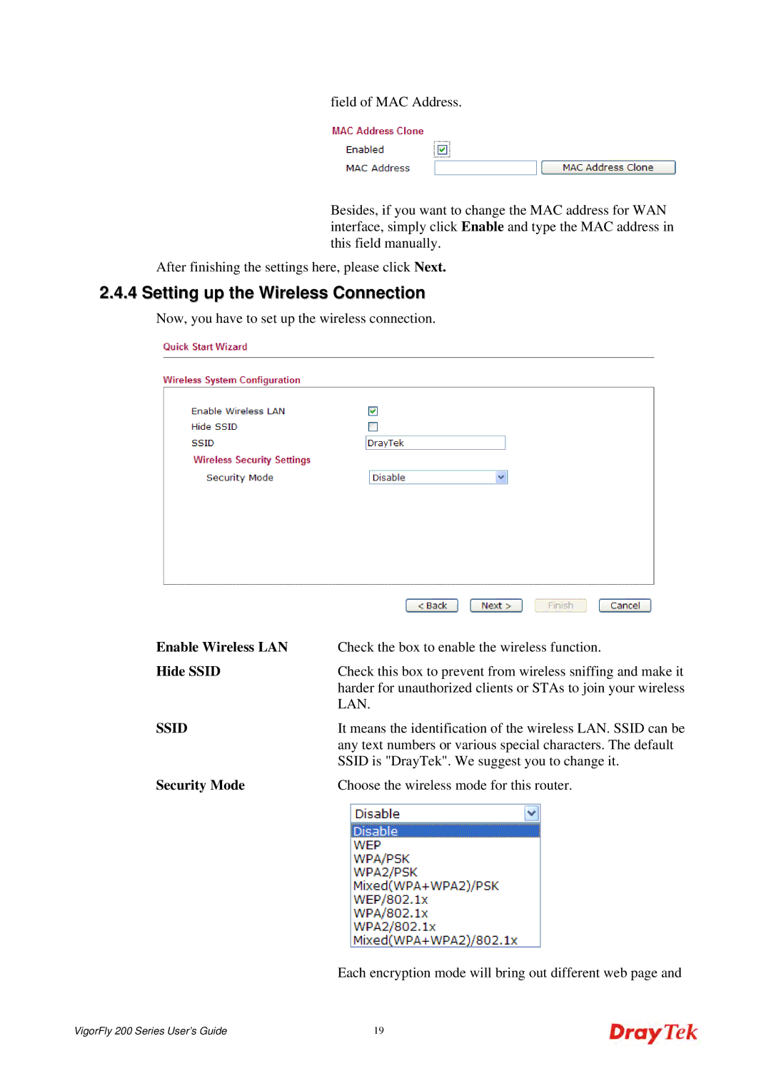 Draytek 200 manual Setting up the Wireless Connection, Enable Wireless LAN, Hide Ssid, Security Mode 