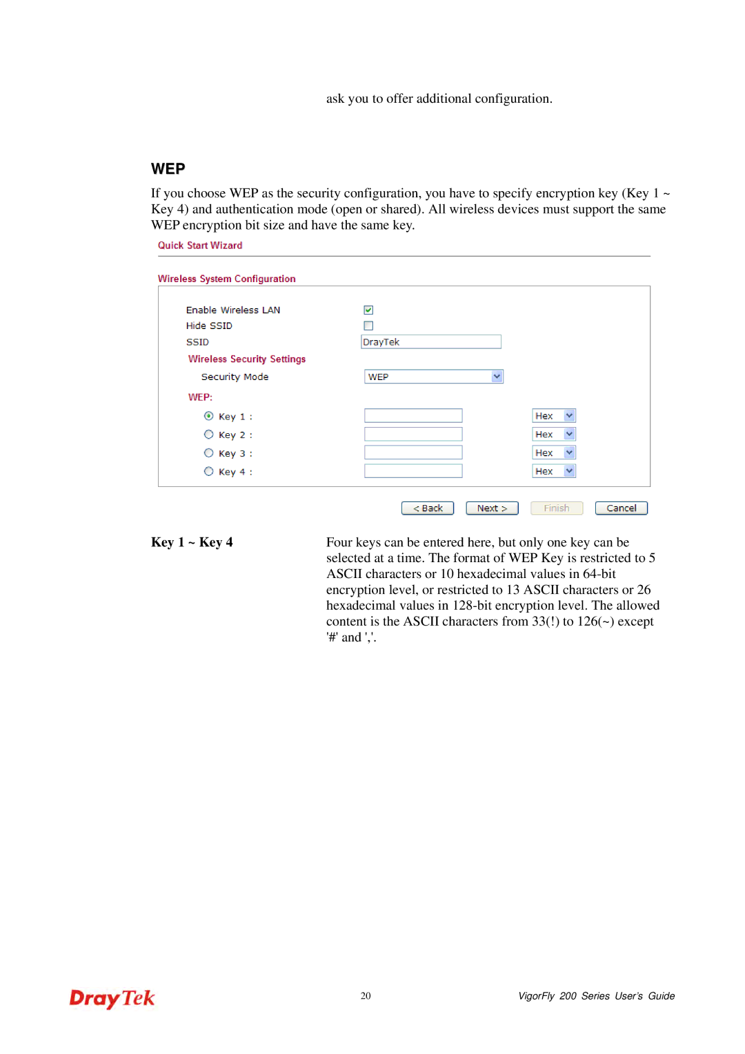 Draytek 200 manual Wep, Key 1 ~ Key 