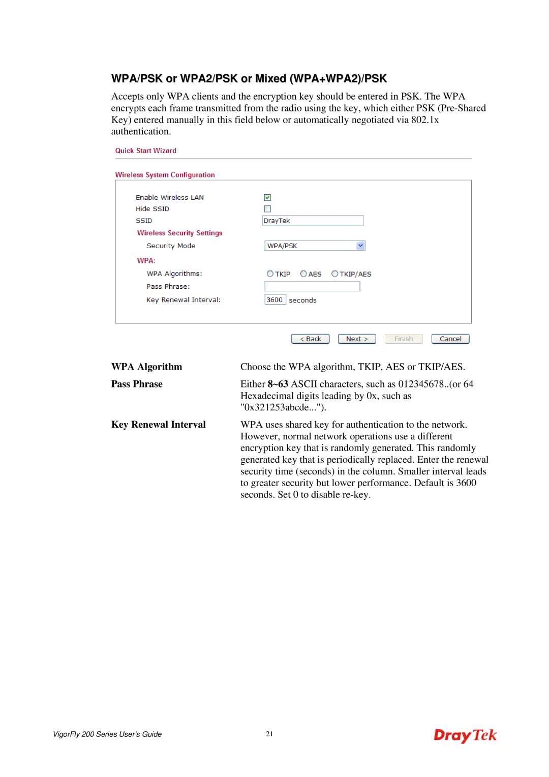 Draytek 200 manual WPA/PSK or WPA2/PSK or Mixed WPA+WPA2/PSK, WPA Algorithm, Pass Phrase, Key Renewal Interval 