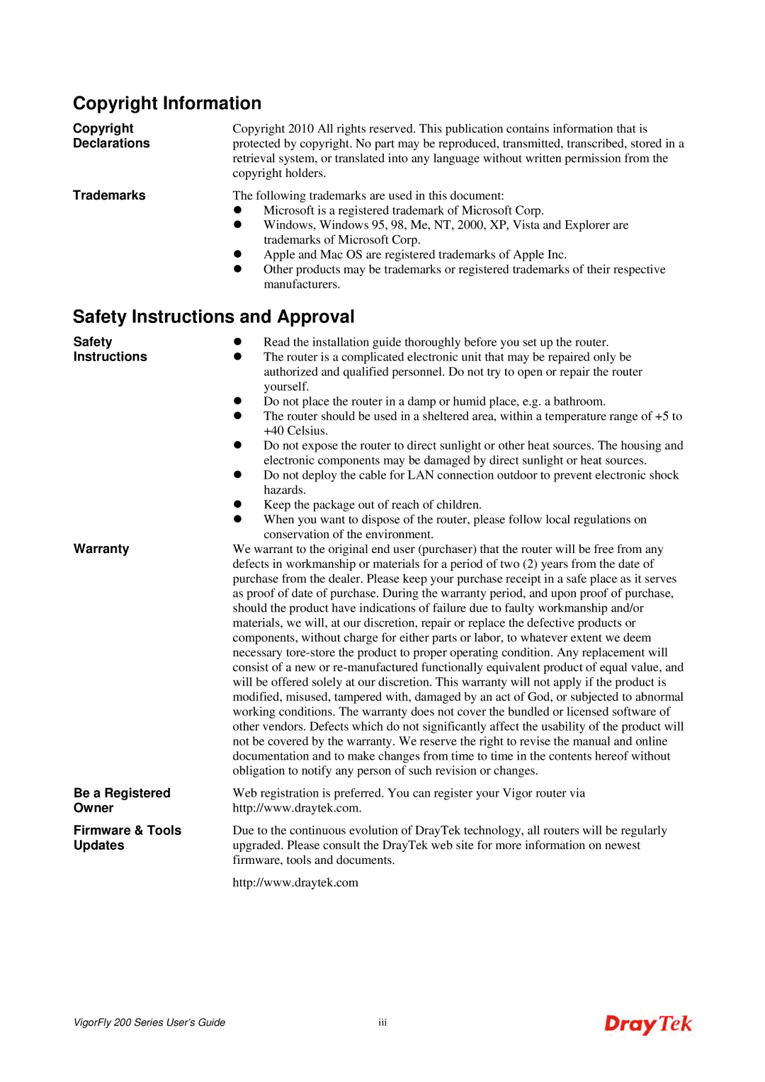 Draytek 200 manual Copyright Information, Safety Instructions and Approval 