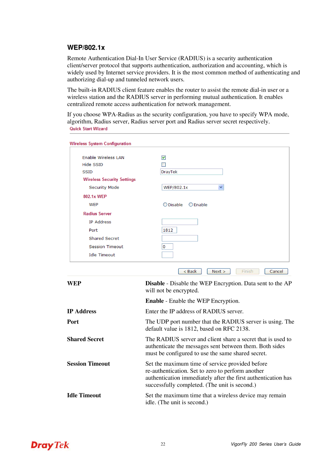 Draytek 200 manual WEP/802.1x, Port, Shared Secret, Session Timeout, Idle Timeout 