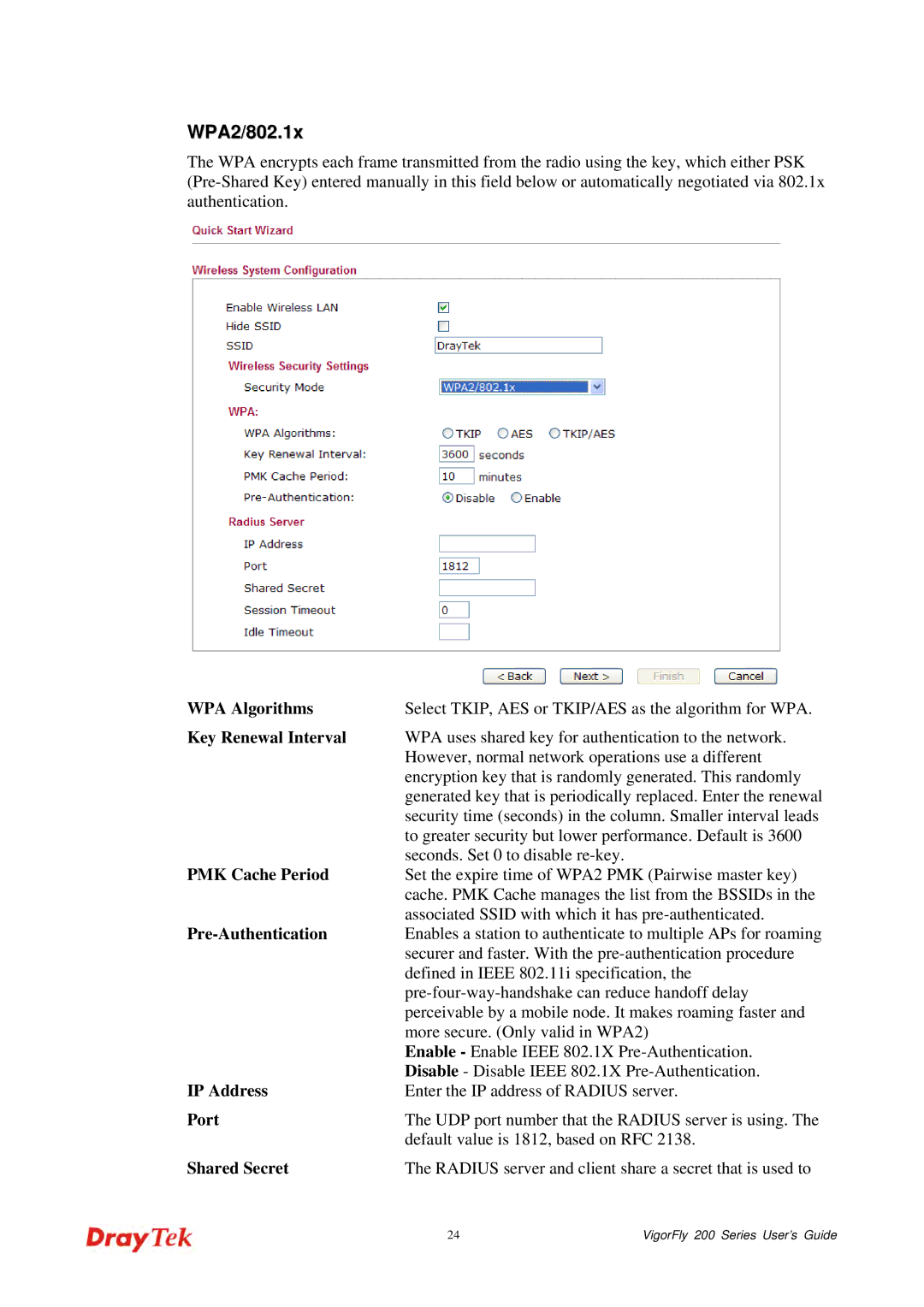 Draytek 200 manual WPA2/802.1x, PMK Cache Period, Pre-Authentication 