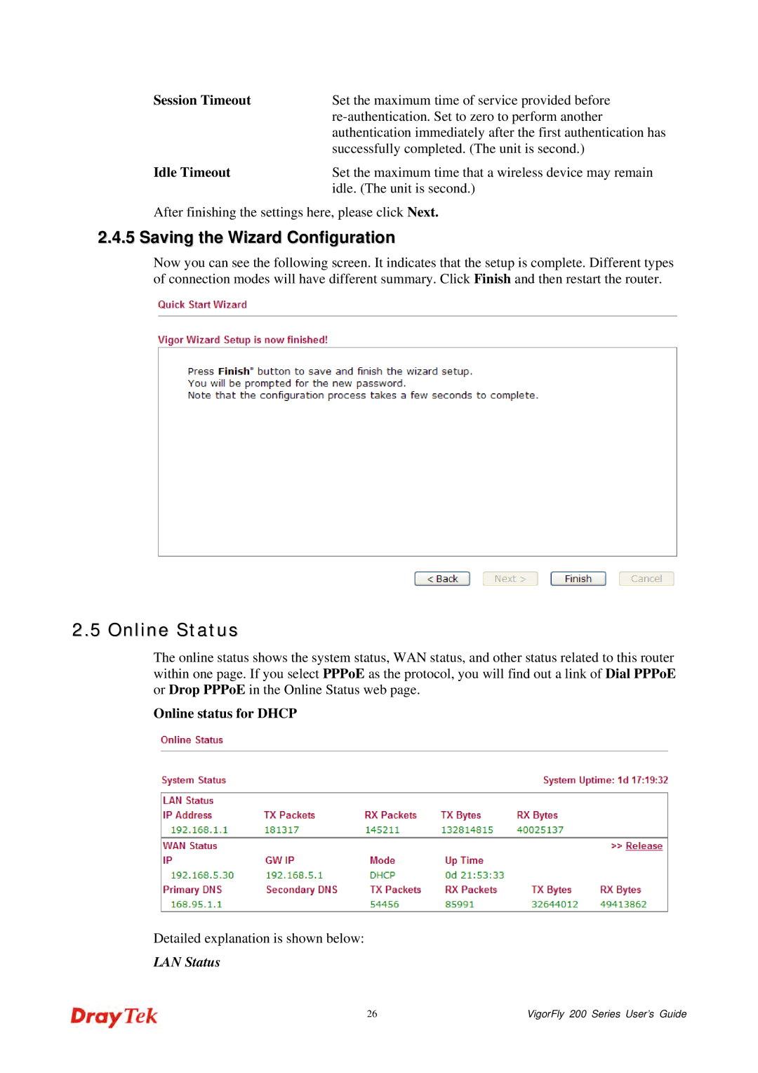 Draytek 200 manual Online Status, Saving the Wizard Configuration, Online status for Dhcp 