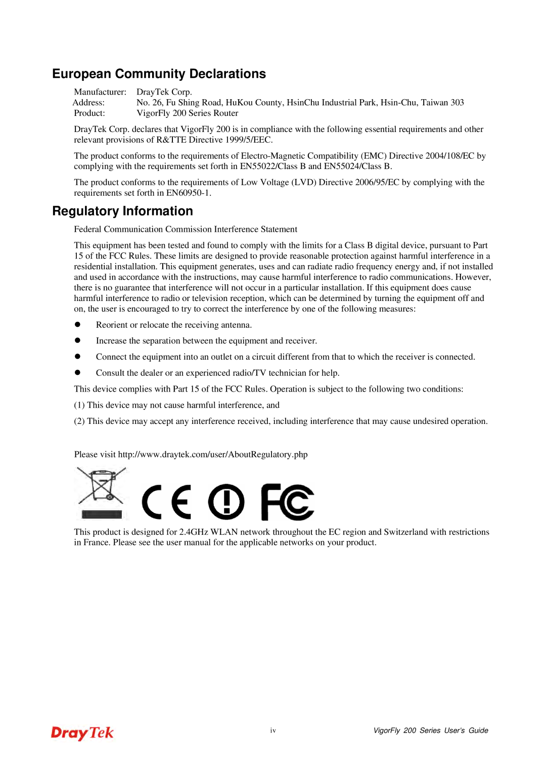 Draytek 200 manual European Community Declarations, Regulatory Information 