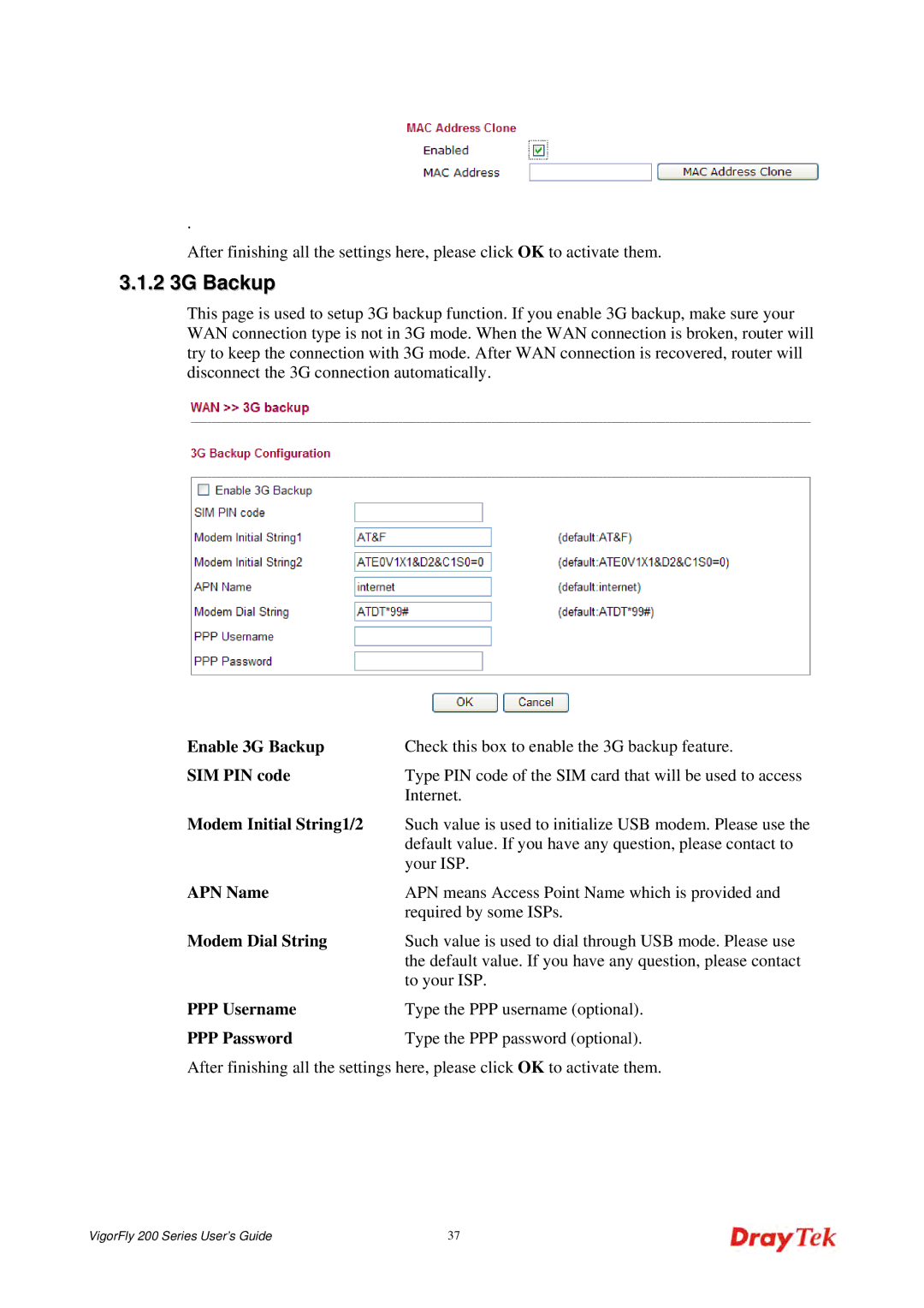 Draytek 200 manual 2 3G Backup, Enable 3G Backup 