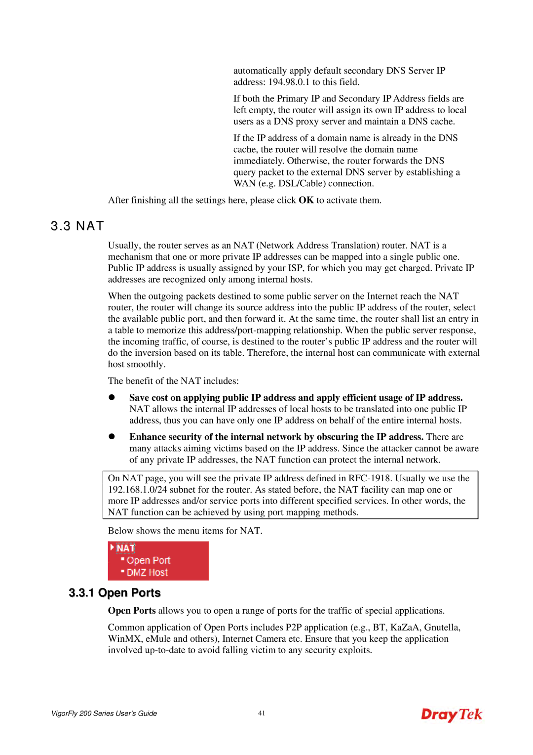 Draytek 200 manual Nat, Open Ports 