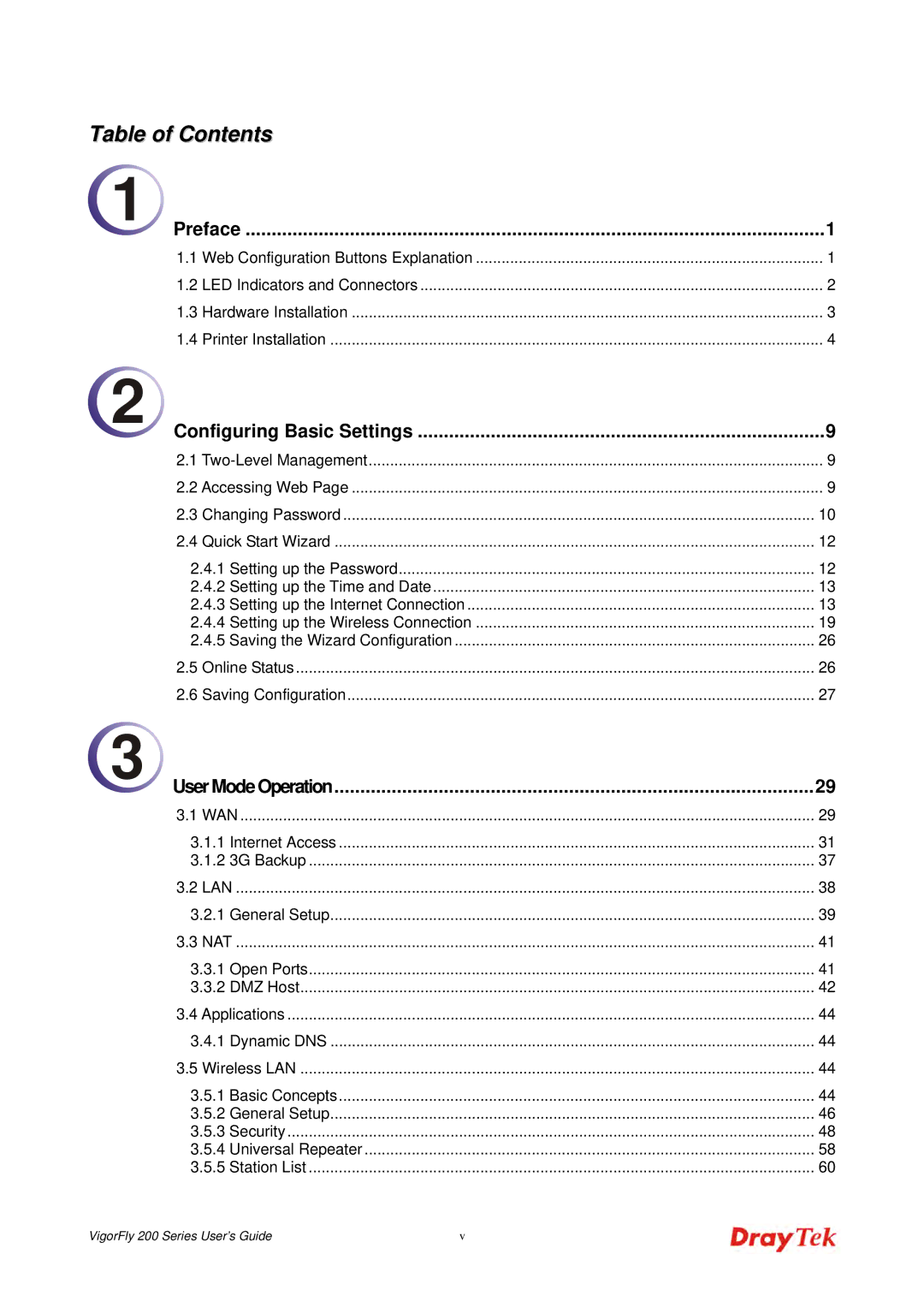 Draytek 200 manual Table of Contents 