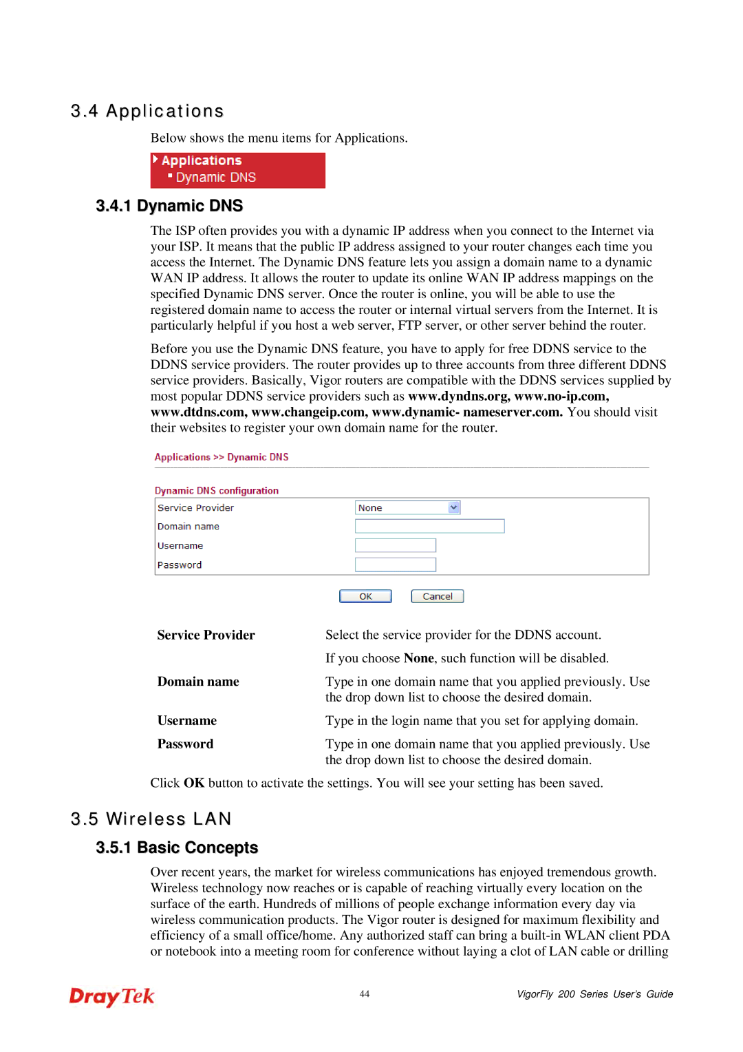 Draytek 200 manual Applications, Wireless LAN, Dynamic DNS, Basic Concepts 