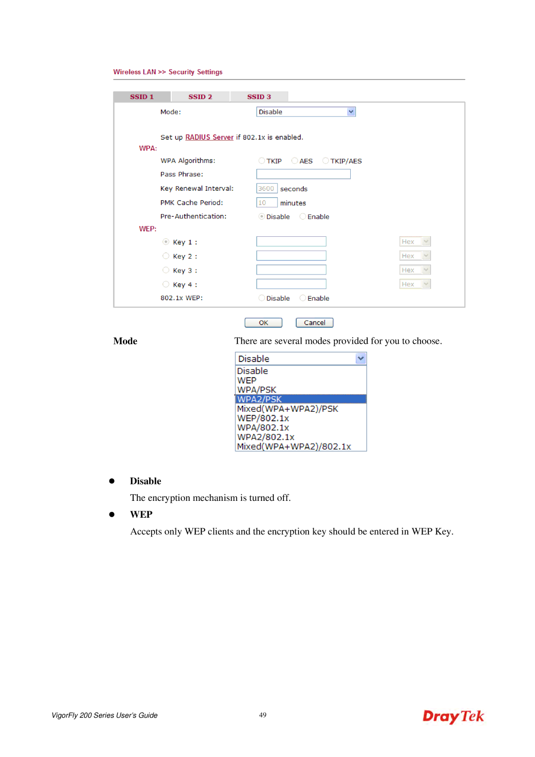 Draytek 200 manual Disable, Wep 