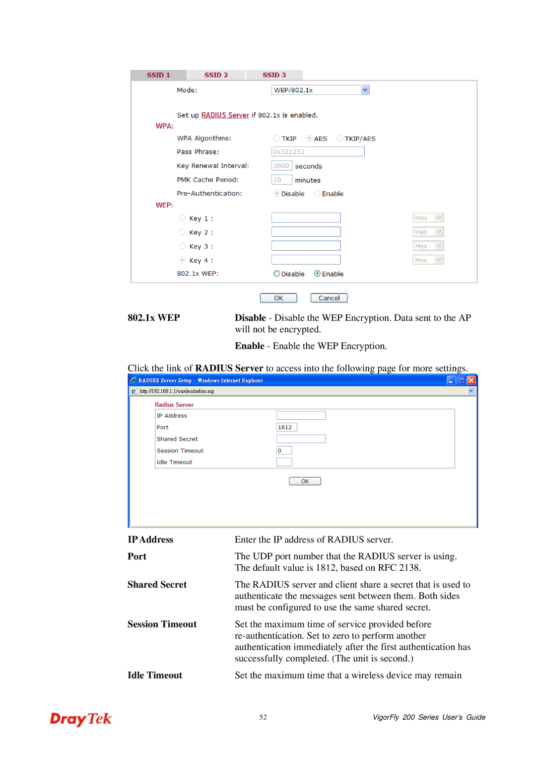 Draytek 200 manual 802.1x WEP, Will not be encrypted, Enable Enable the WEP Encryption 