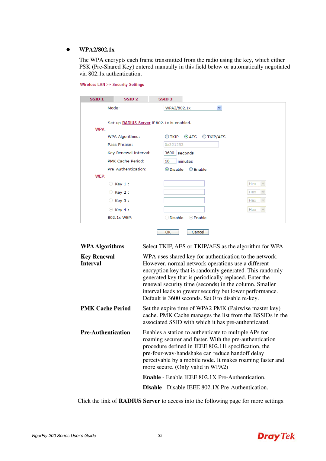 Draytek 200 manual WPA2/802.1x, PMK Cache Period 